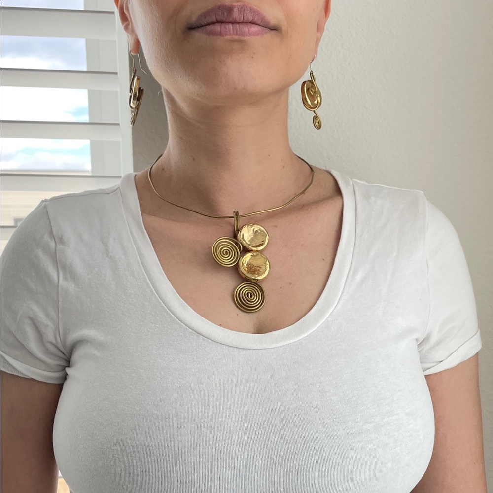 Gold Spiral Pendant Necklace and Earring Set